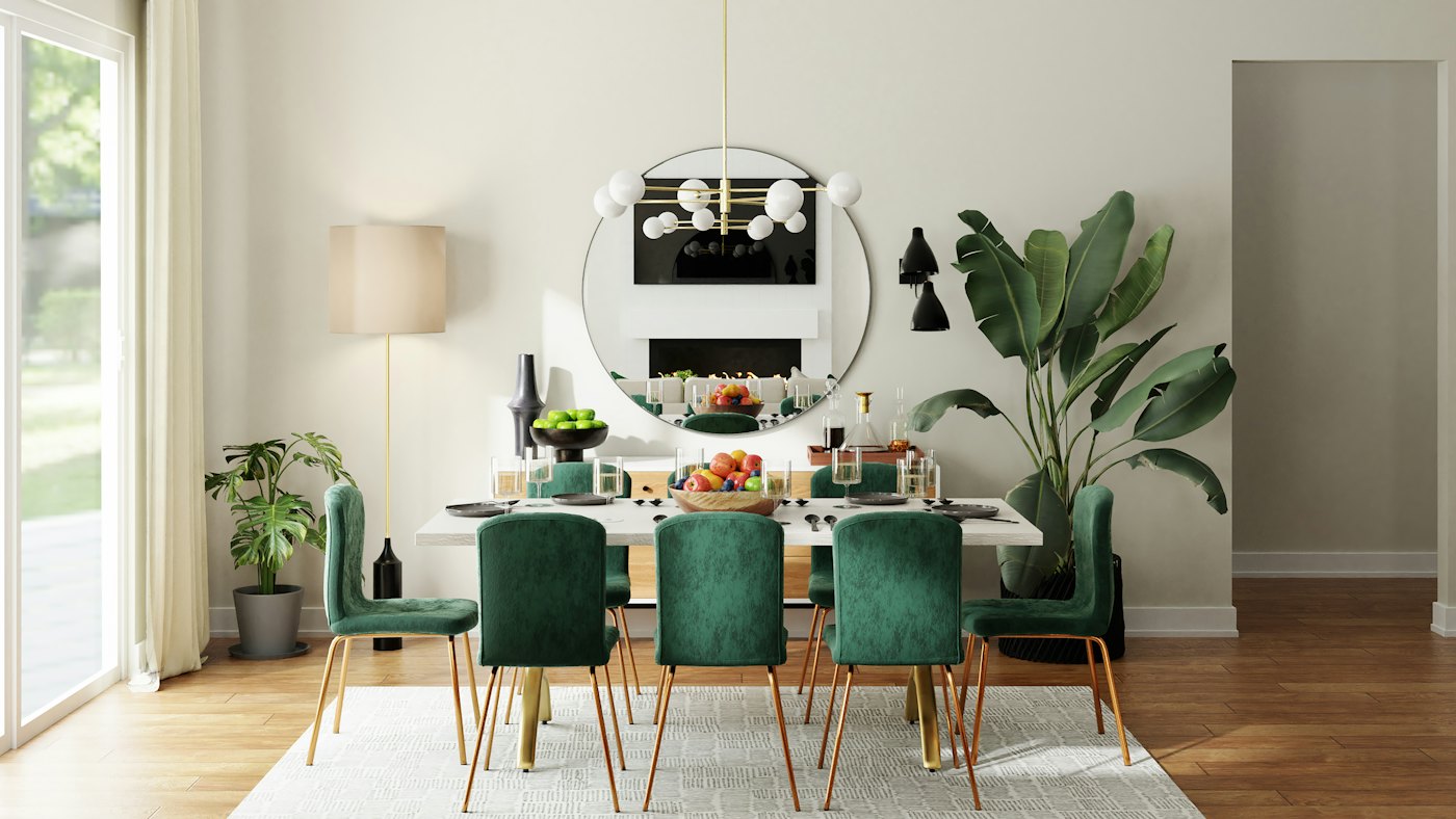 Dining room with emerald chairs