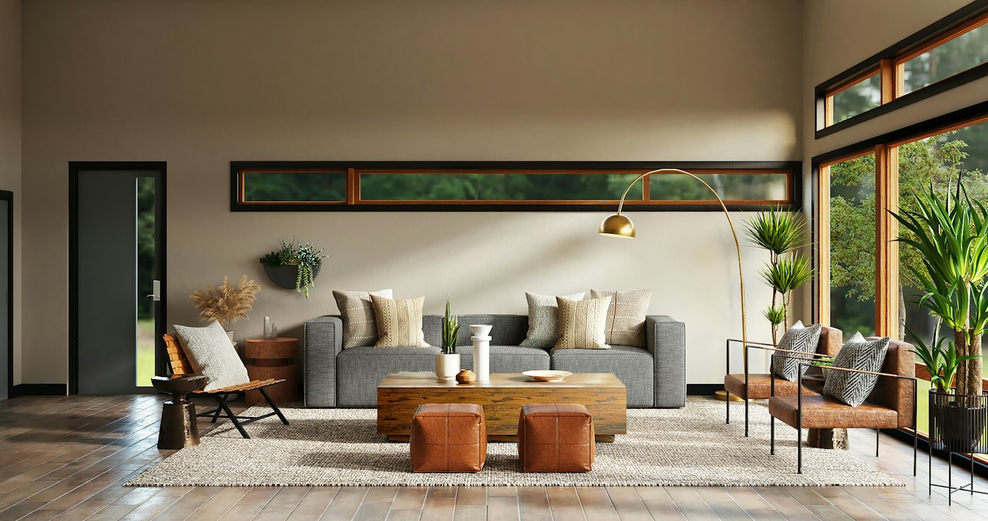 Double-height living room with coffered ceiling